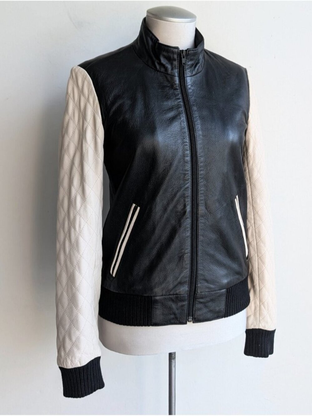BLINK Danier Leather Bomber Jacket with Quilted Cream Sleeves